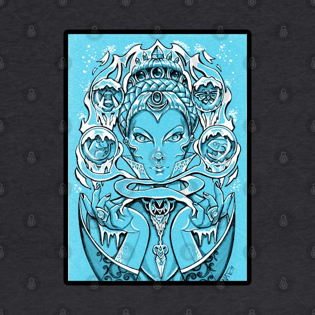 The Snow Queen - Blue Background, Black Outlined Version by Nat Ewert Art